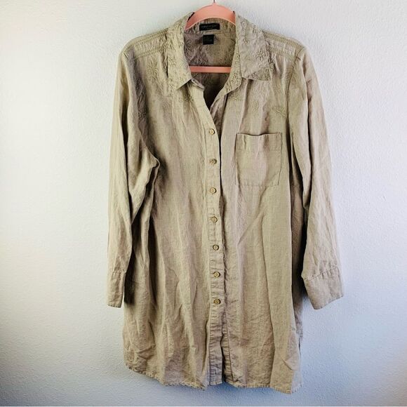 Ecologie Tan Long Line Embroidered Linen Shirt Tunic - Picture 1 of 5